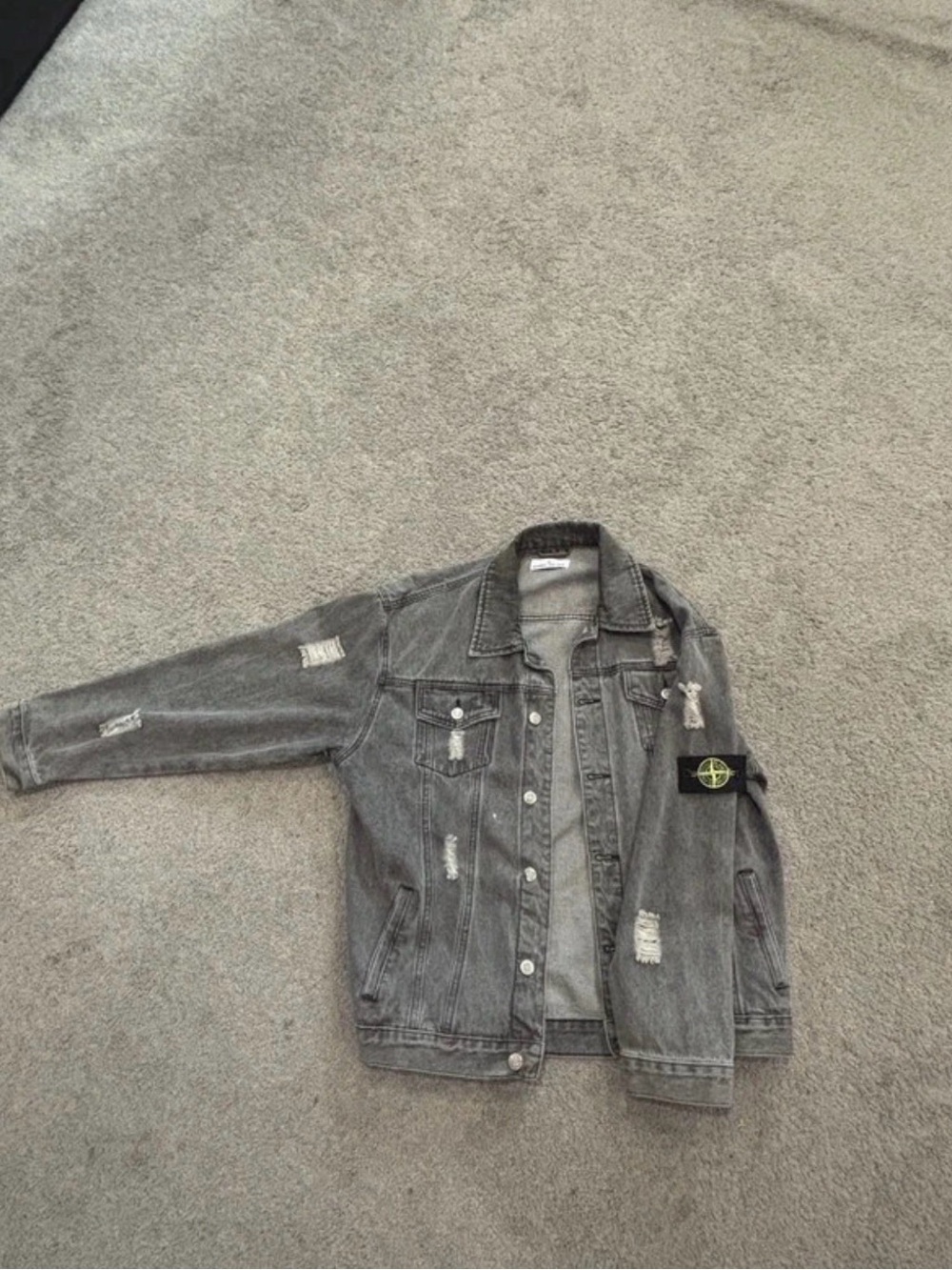 Stone Island Distressed Grey Denim Jacket with Compass Patch